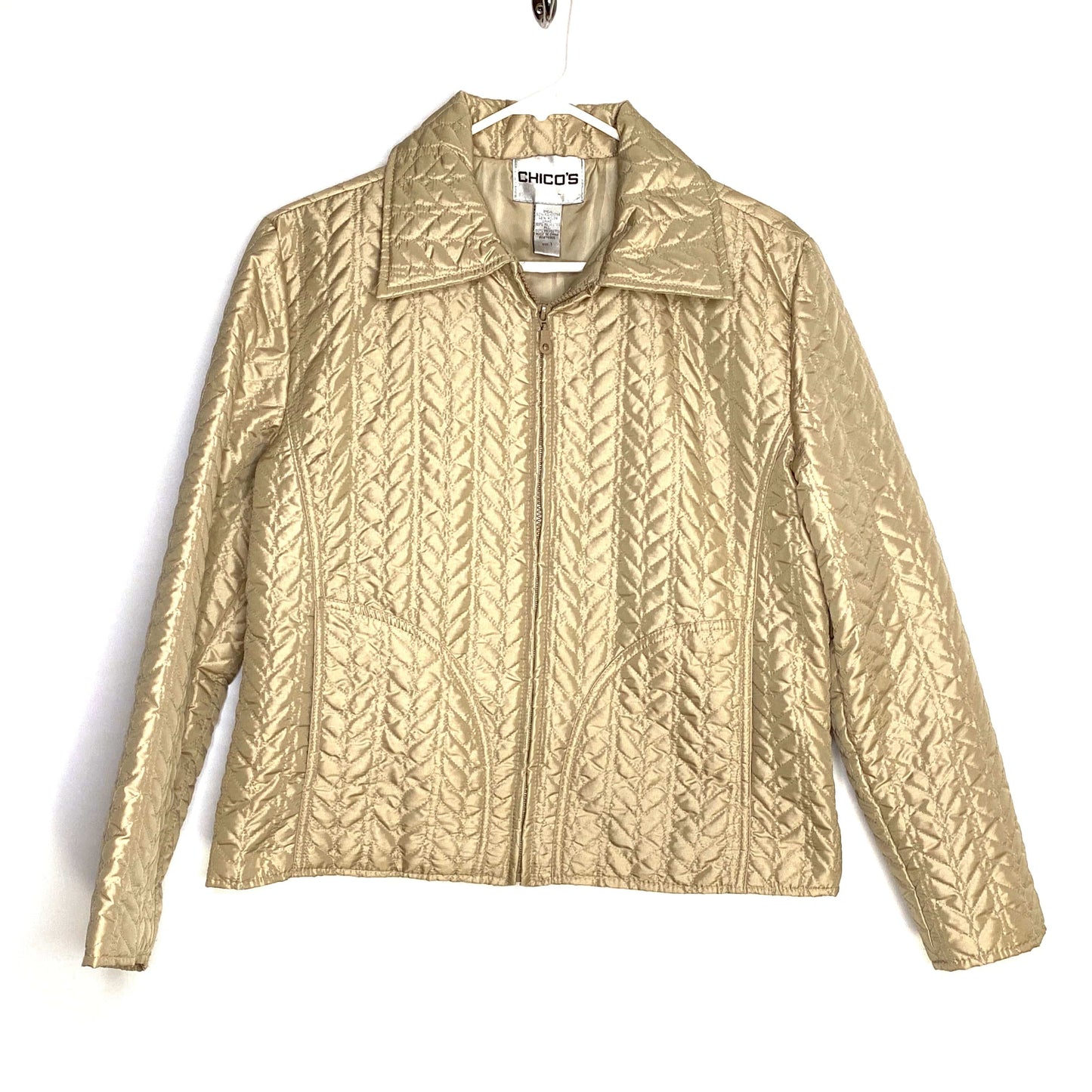Chicos Womens Size 1 Shiny Gold Quilted Zip-Up Jacket L/s