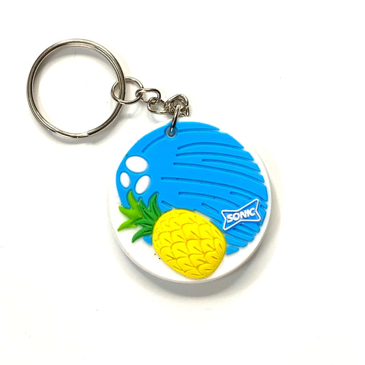 SONIC Drive-In Restaurant Blue Coconut Pineapple Keychain Key Ring Rubber Round