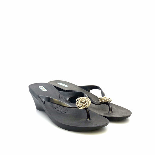 OKAb Womens Size L Black Flip Flop Wedge Sandals Round Rhinestone Detail