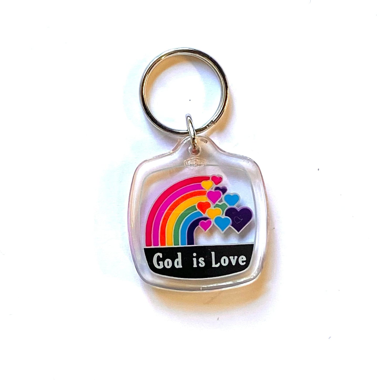 “God is Love” Rainbow Hearts Souvenir Keychain Key Ring Square Clear Acrylic