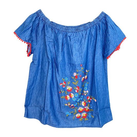 Hester & Orchard Size M Blue Top Shirt Blouse Red Fringe Flowers