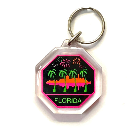 Vintage Florida Travel Souvenir Keychain Key Ring Octagon Clear Acrylic