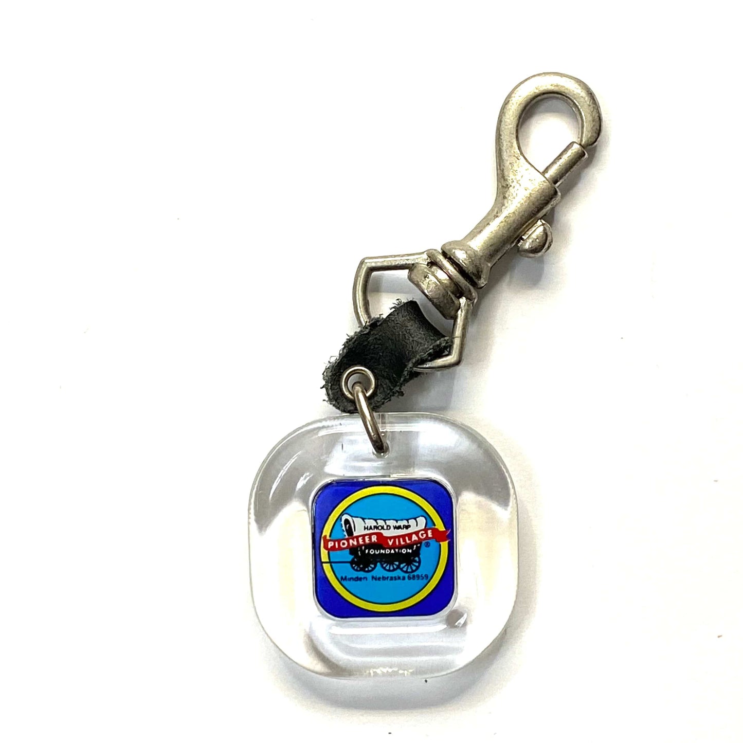 Vintage Minden, Nebraska Harold Warp Pioneer Village Travel Souvenir Keychain Key Ring Square Clear Acrylic