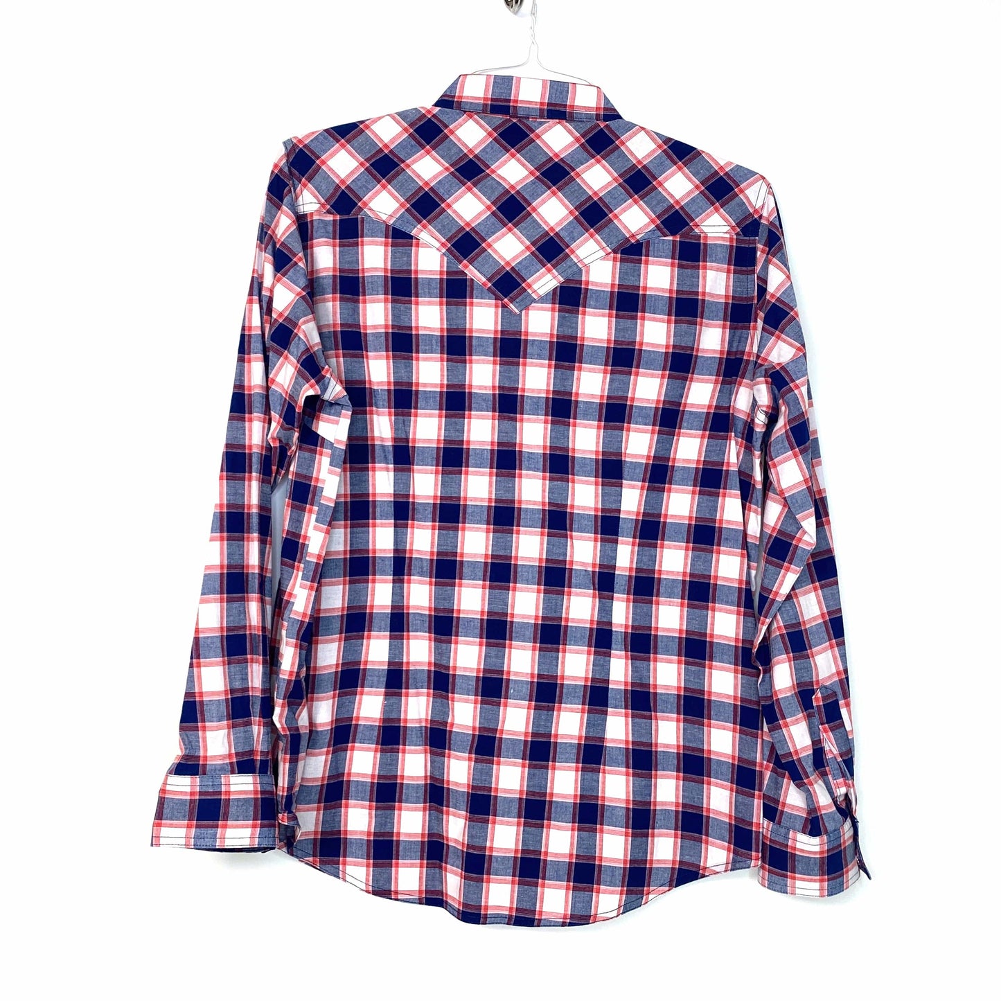 Wrangler Womens L Blue White Red Plaid Western Shirt Pearl Snap Up