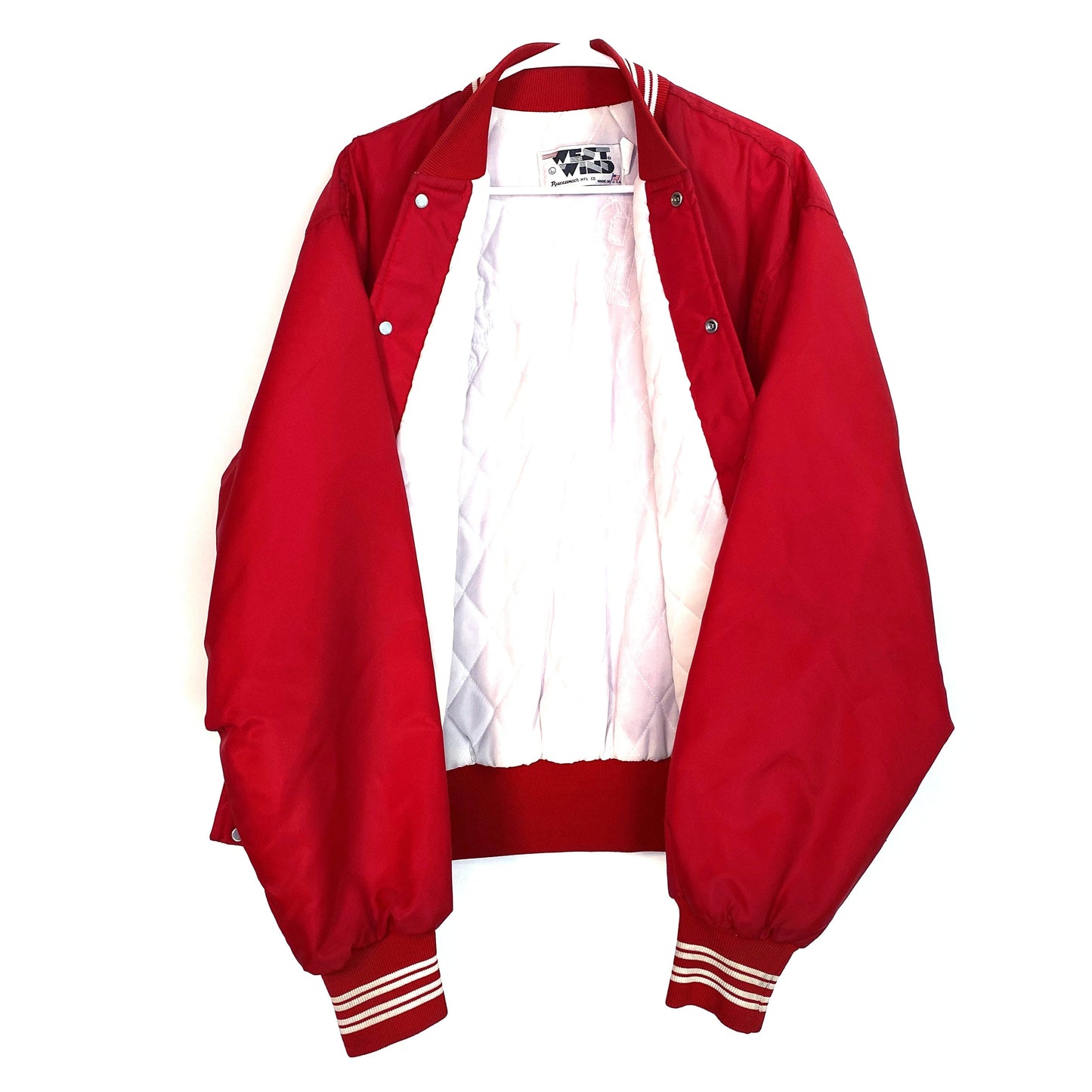 Vintage Buccaneer MFG West Wind Mens Size L Red Jacket Embroidered Patch Letters Nebraska Snap-Up L/s