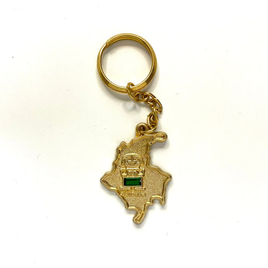 Vintage Colombia Emerald Souvenir Keychain Key Ring Metal Gold