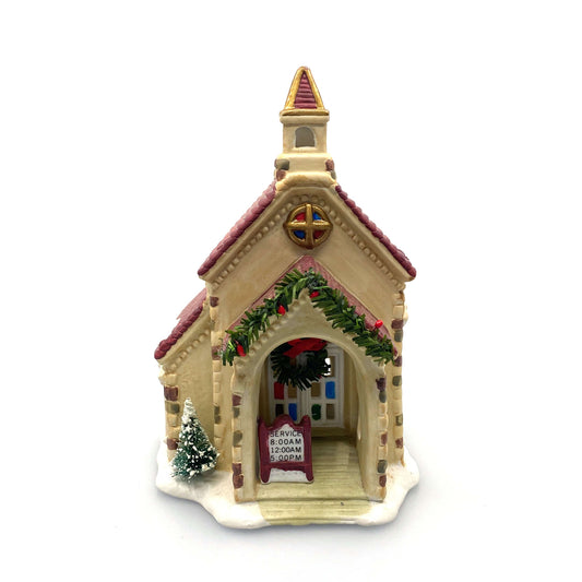Christmas Valley Chapel Church w/Steeple Vintage Christmas Village Porcelain Lighted House 1992
