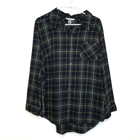 CJ Banks Womens Size 2X Dark Green Plaid Button-Up Shirt L/s