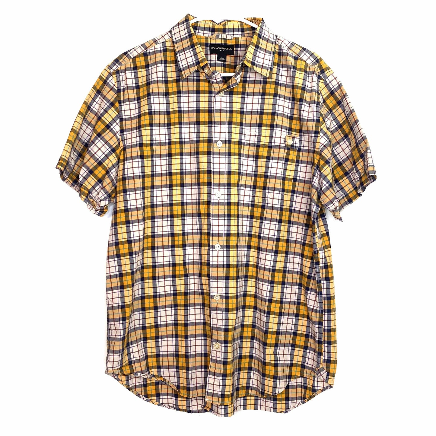 Vibrant Banana Republic Mens Yellow Gray Plaid Casual Shirt L - Stylish & Comfortable