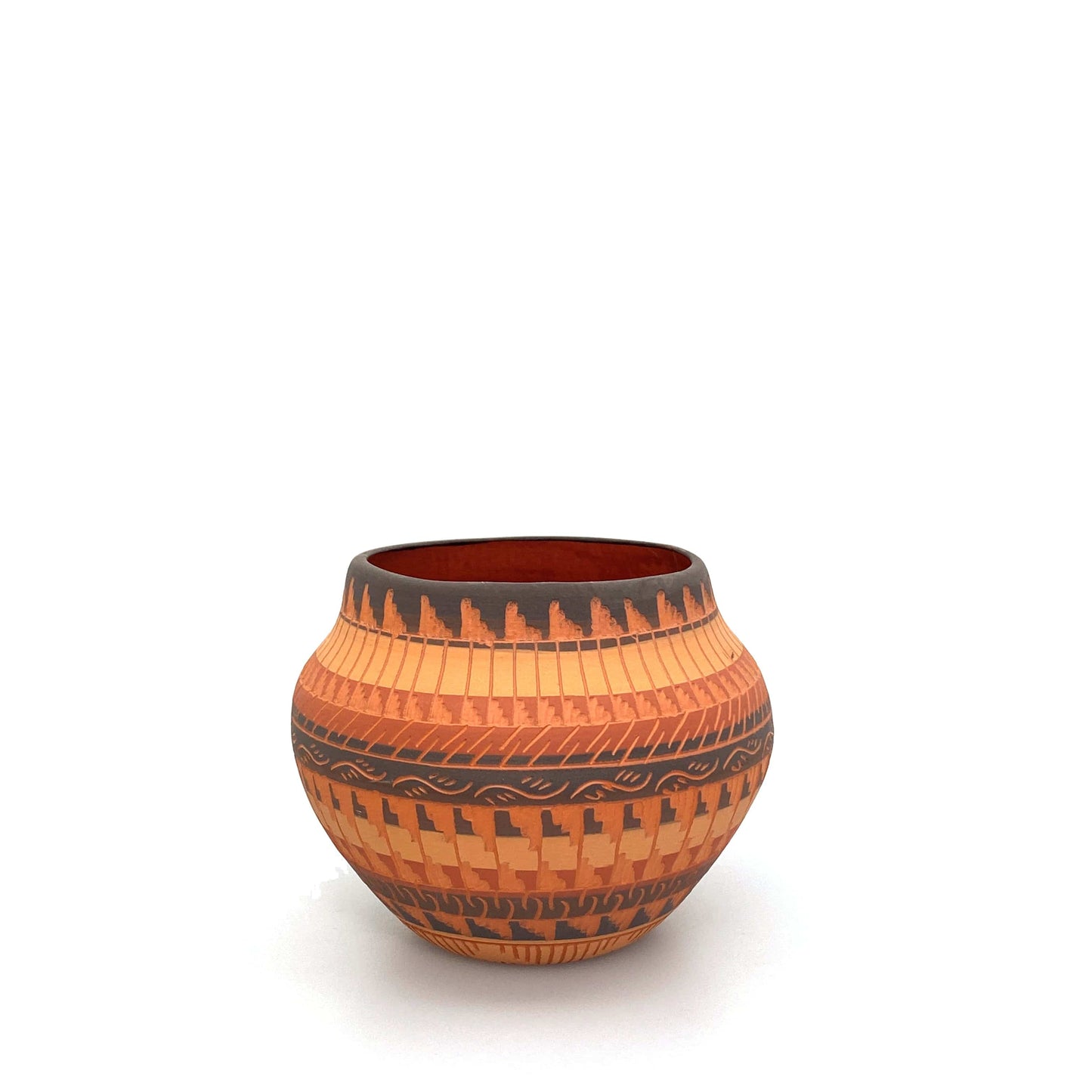 Navajo Pottery by Anna Tsosie Terra Cotta Hand Etched Small Pot 4.5” Orange Brown