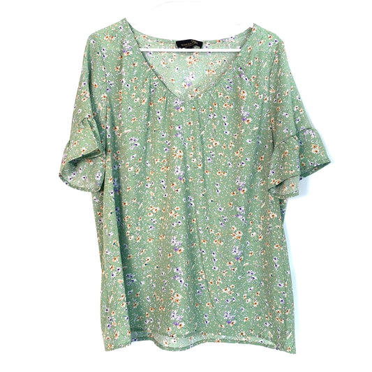 Suzanne Betro Womens Size L Green Floral Blouse S/s