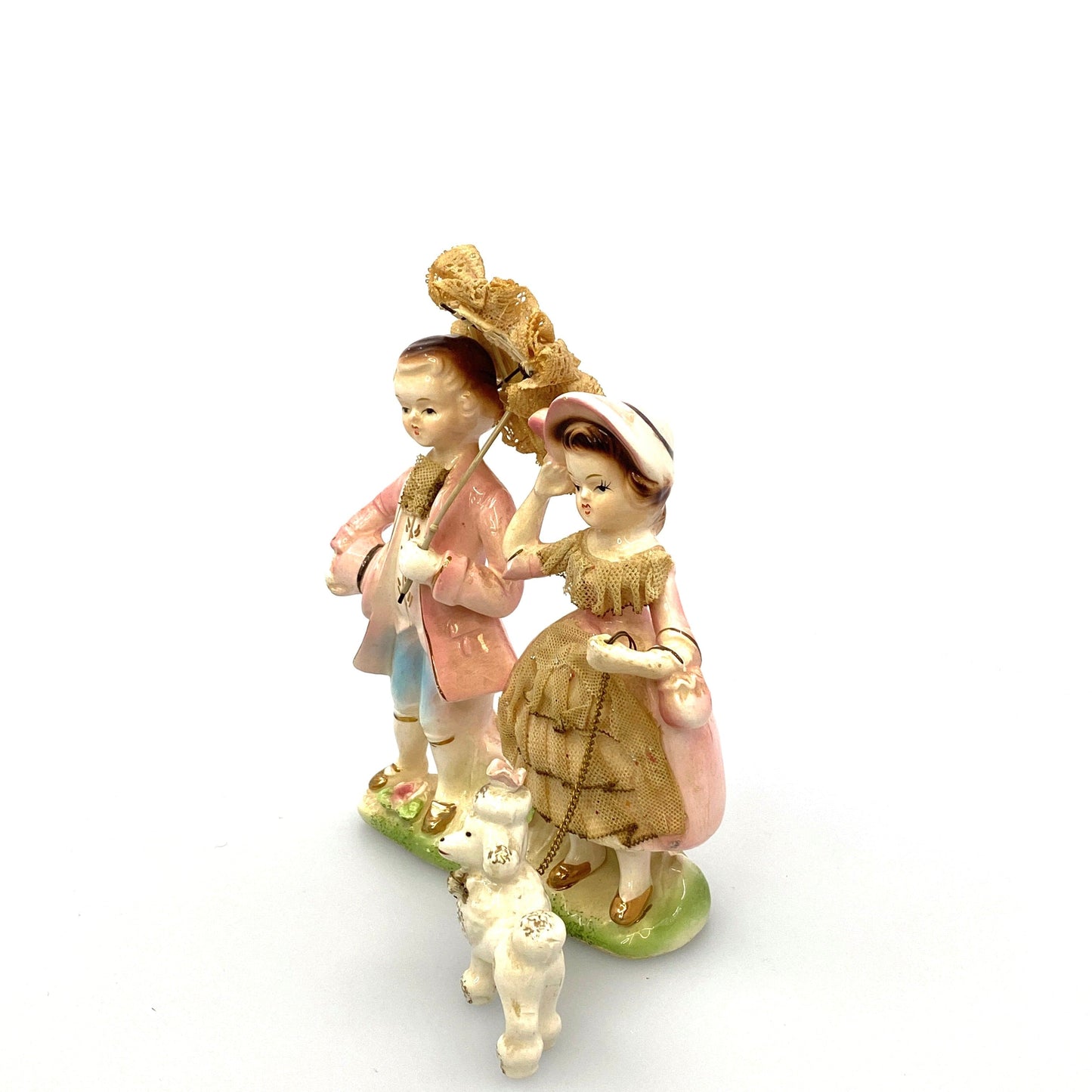 Vintage 6” Porcelain Figurine Lace Accents Victorian Era Boy, Girl and Poodle