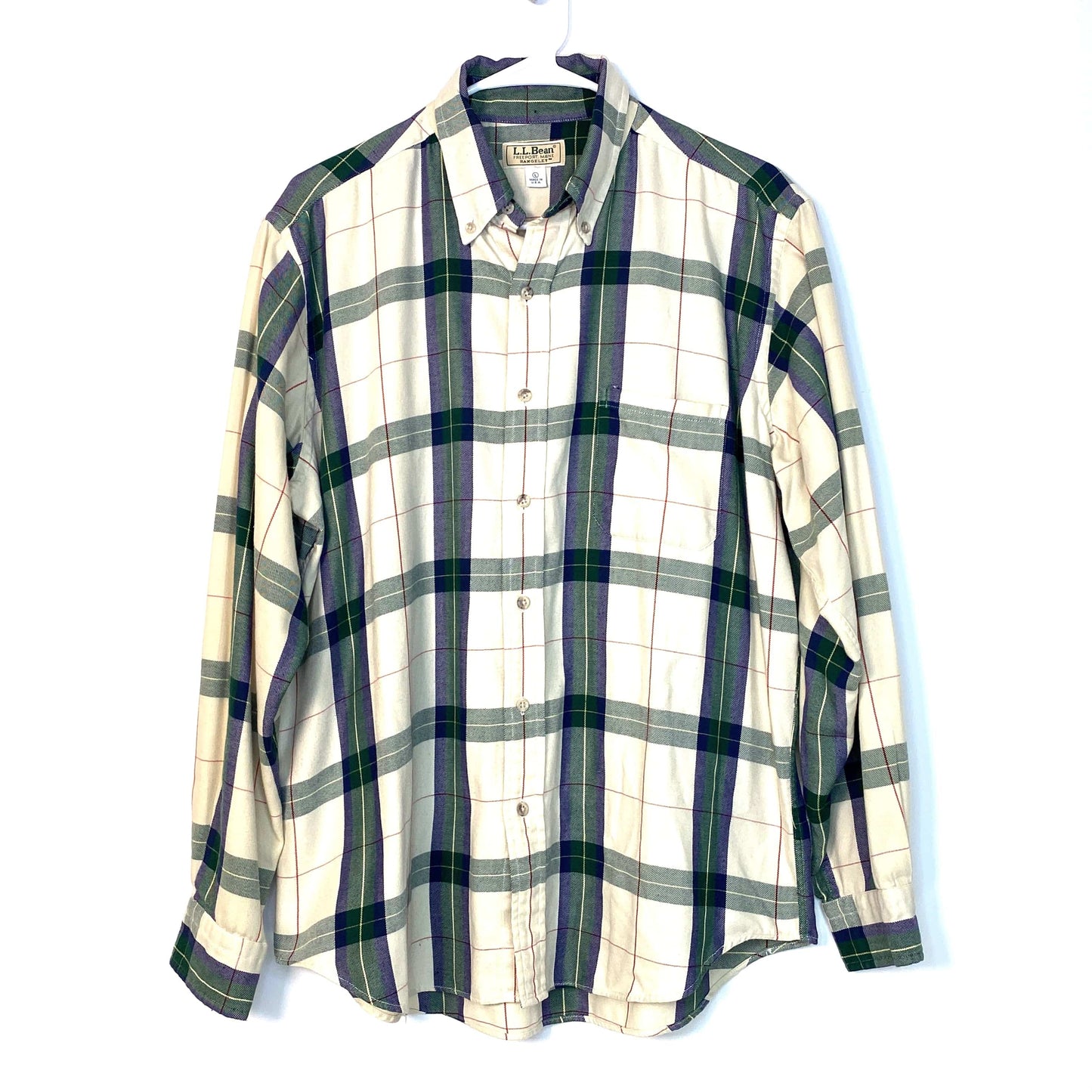 LL Bean Mens Size L Ivory Green Blue Plaid Flannel Button-Up Shirt L/s
