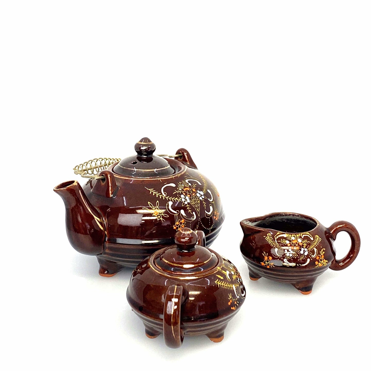 Vintage Redware Brown Betty Moriage Tea Pot Cream Sugar Bowl Set Japan 1960’s Hand-Painted