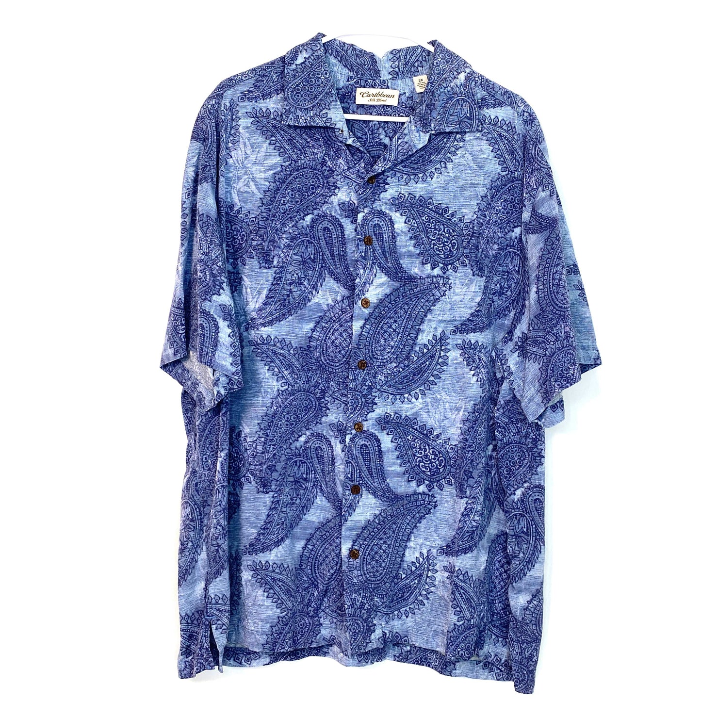 Caribbean Mens Size 2X Blue Hawaiian Shirt Tropical Paisley Pattern Short Sleeve