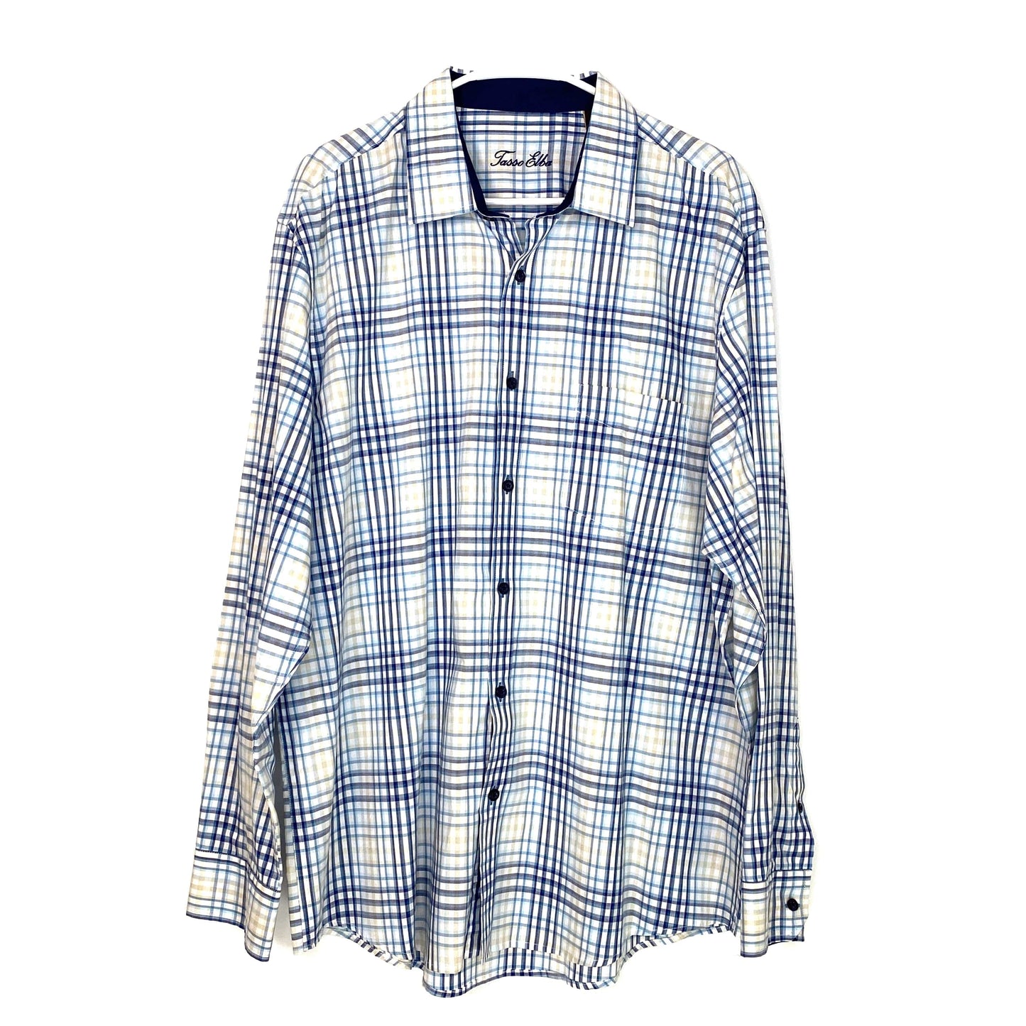 Tasso Elba Mens Size XL White Blue Plaid Button-Up Shirt Long Sleeve