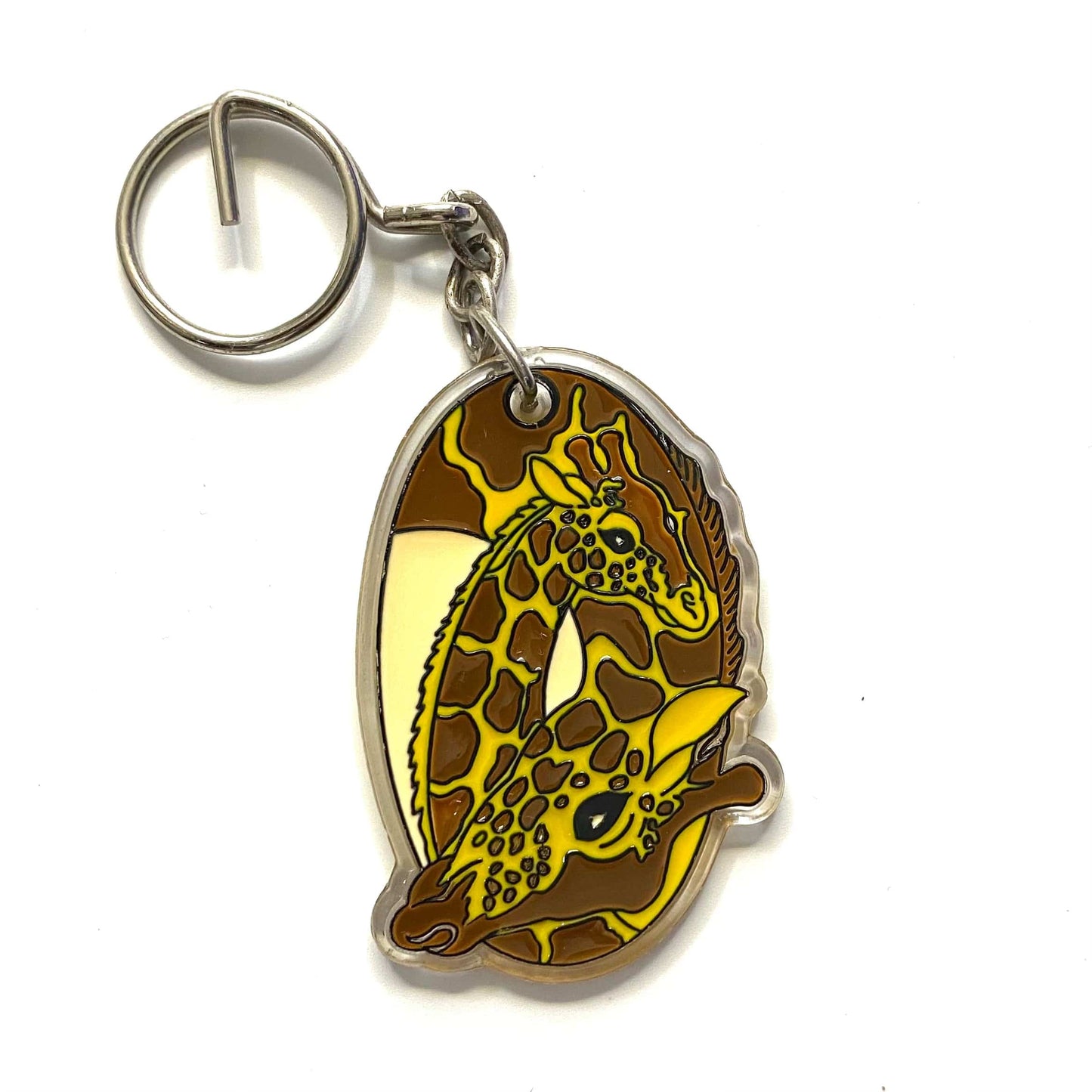 Vintage K&M International Giraffe Souvenir Keychain Key Ring Acrylic Oval Brown/Yellow