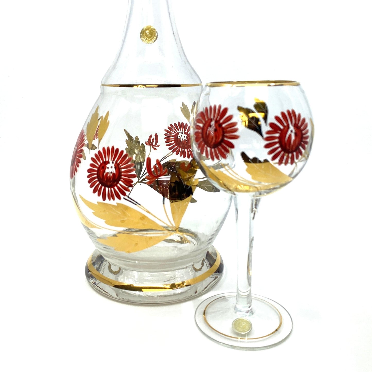 Vintage Decanter and Stemmed Glasses Made in Romania Red Flowers Gold Leaves - 7 Piece Set
