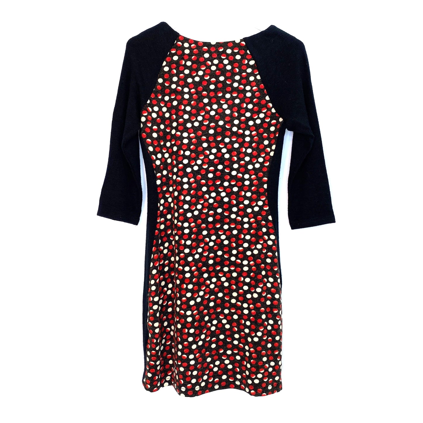 Aryeh Womens Size S Sweater Dress Black Raglan Sleeves Red White Dot Pattern
