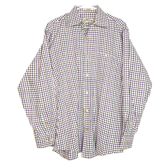 Orvis Mens Size M White Brown Purple Box Check Dress Shirt Button-Up S/s