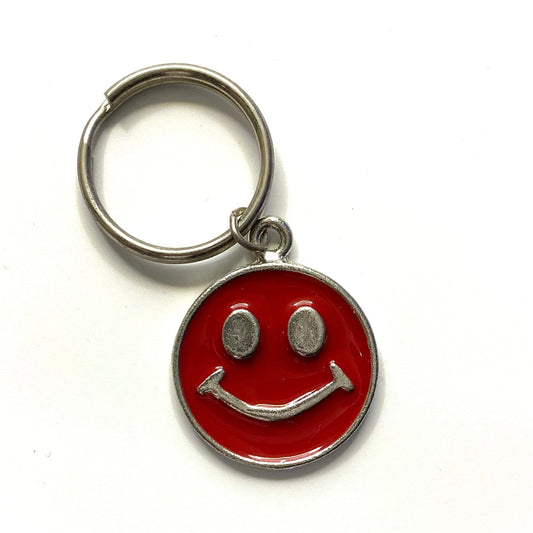 Vintage Smiley Face Keychain Key Ring Metal Round Red