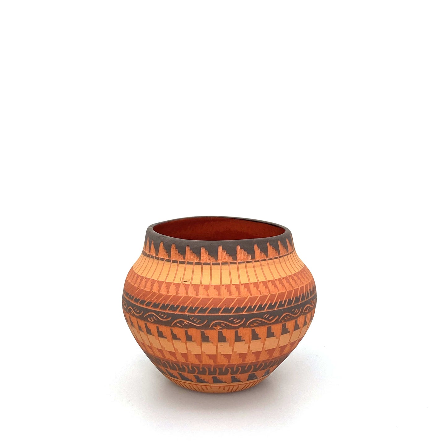 Navajo Pottery by Anna Tsosie Terra Cotta Hand Etched Small Pot 4.5” Orange Brown