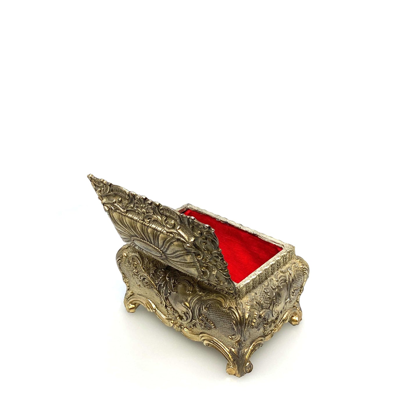 Vintage Ornate Gold Metal Casket Jewelry Box Art Floral Trinket Footed Vanity Accessory