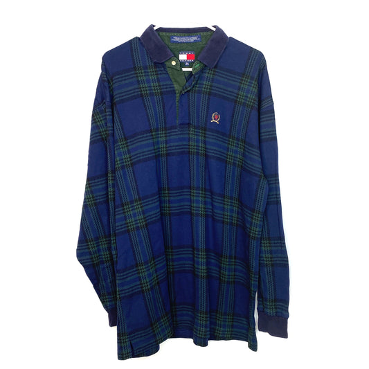 Upgrade Your Wardrobe with this Stylish Tommy Hilfiger Blue/Green Plaid Polo Shirt XL Long Sleeve