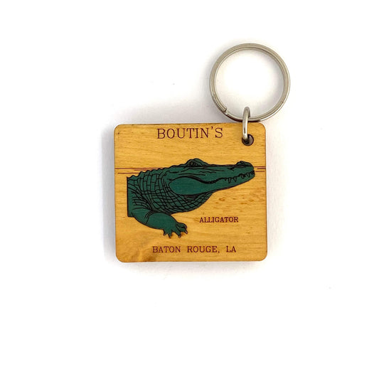 Vintage "Boutin's Alligator Farm" Baton Rouge, LA Wooden Keychain Key Ring Travel Souvenir