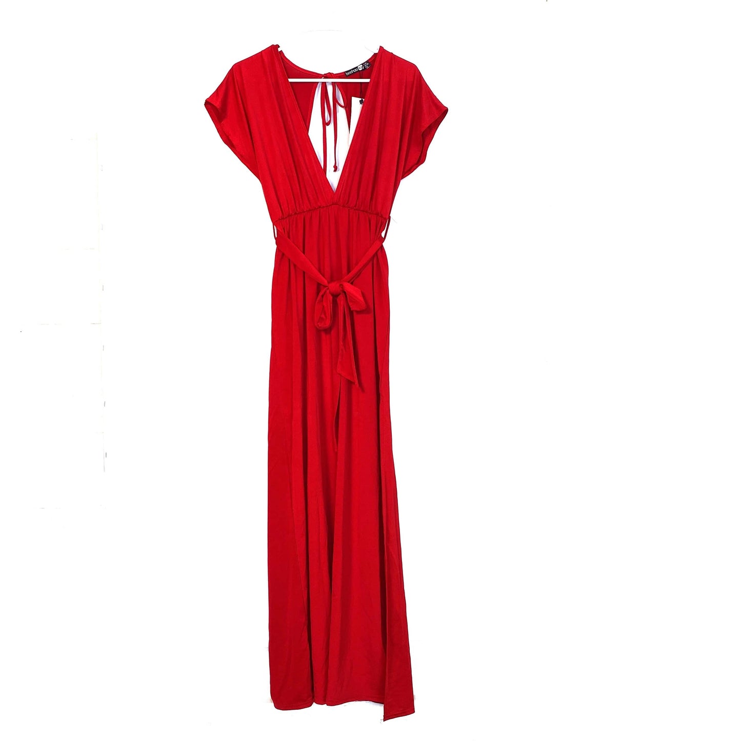 Boohoo Womens Size 6 Red Maxi Dress Deep Plunge Tie Waist Flutter Sleeve