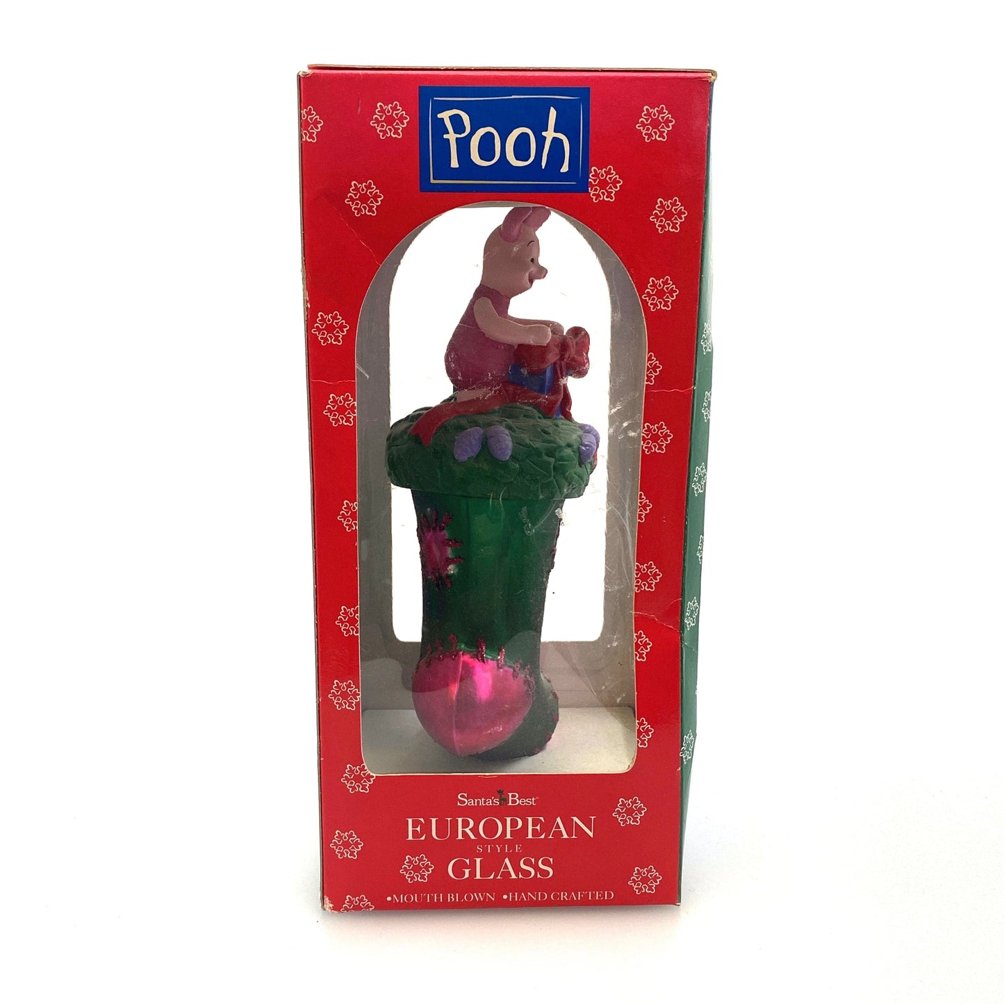 Santa’s Best POOH “Piglet on a Stocking” European Glass Style Holiday Ornament Mouth Blown