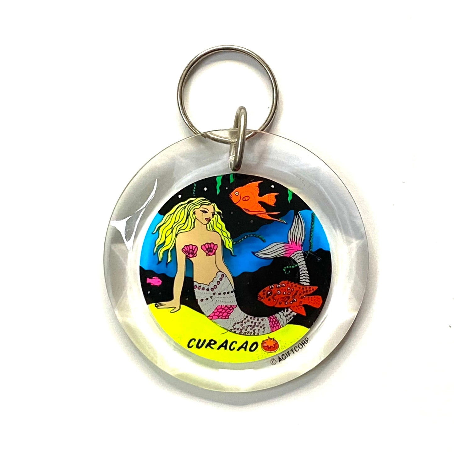 Vintage Curaçao Travel Souvenir Keychain Key Ring Round Clear Acrylic