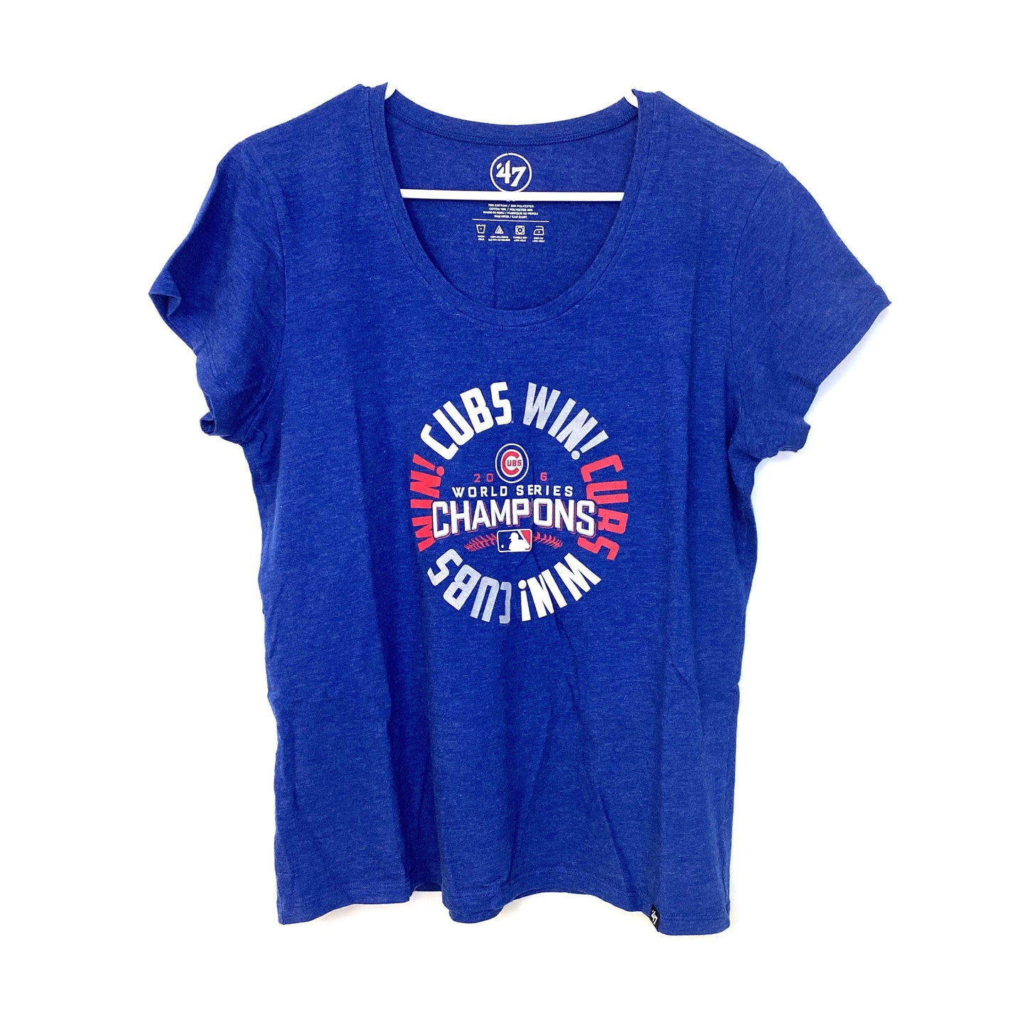 Exciting '47 Brand Womens Blue Cubs Win! 2016 World Series V-Neck T-Shirt L Blue Solid Short Sleeve Womens Very Good