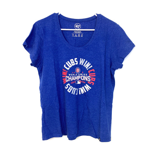 ‘47 Brand Womens Size L Blue “Cubs Win!” 2016 World Series V-Neck S/s