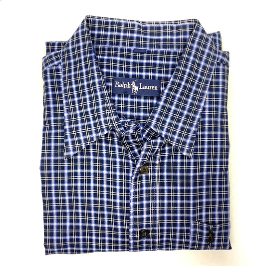 Ralph Lauren Mens Size L Blue White Black Plaid Dress Shirt Button-Up L/s
