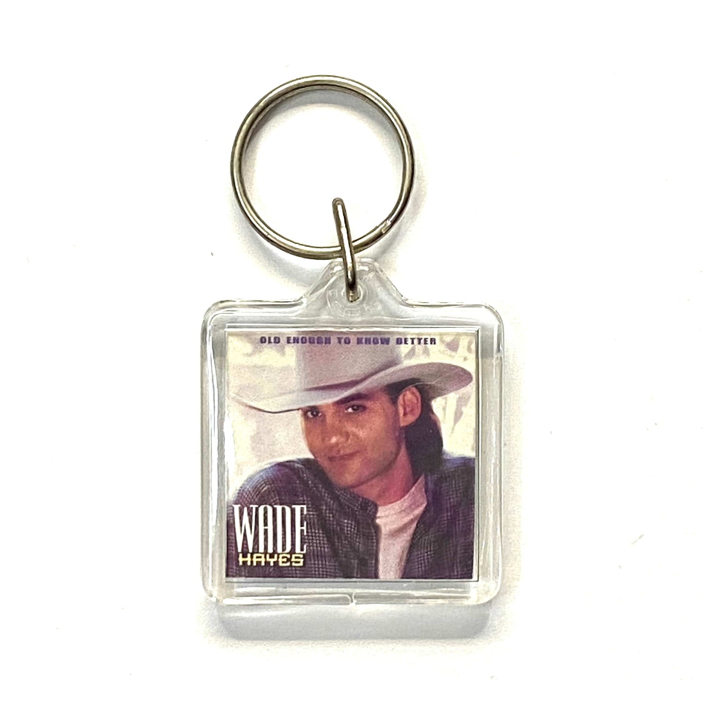 Vintage Wade Hayes "Old Enough To Know Better" Travel Souvenir Keychain Key Ring Square Clear Acrylic