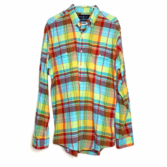 Ralph Lauren Men's Plaid Button-Up Shirt - Size L - Pastel Yellow/Blue/Purple - 100% Cotton