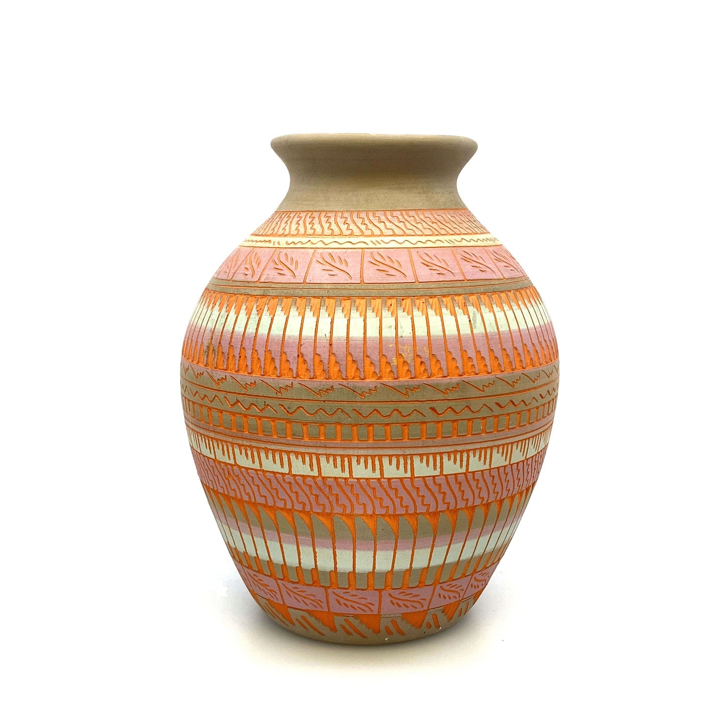 Navajo Pottery Vase Anna Tsosie Signed Terra Cotta Hand Etched 9” Pink Orange