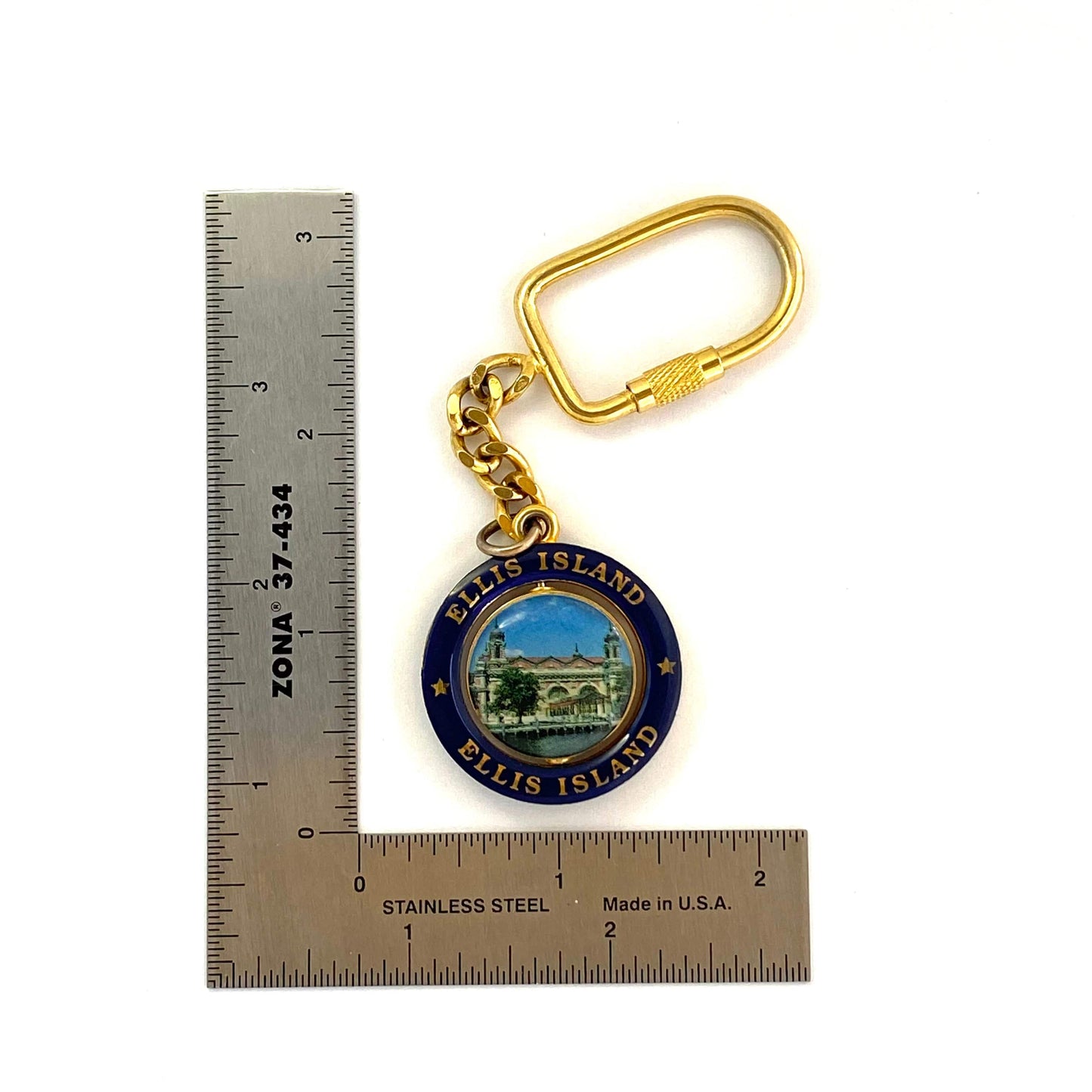 Vintage “Ellis Island” Goldtone Spinner Travel Souvenir Keychain Key Ring Charm