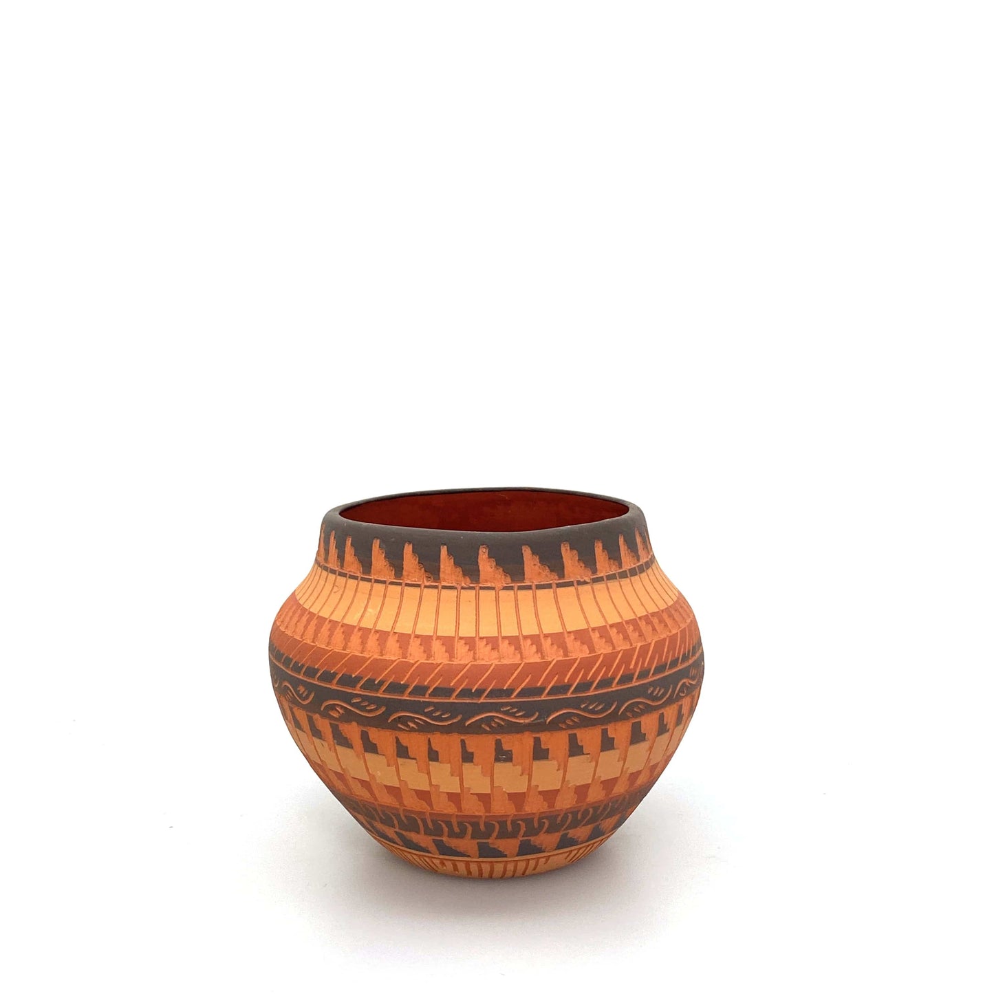 Navajo Pottery by Anna Tsosie Terra Cotta Hand Etched Small Pot 4.5” Orange Brown