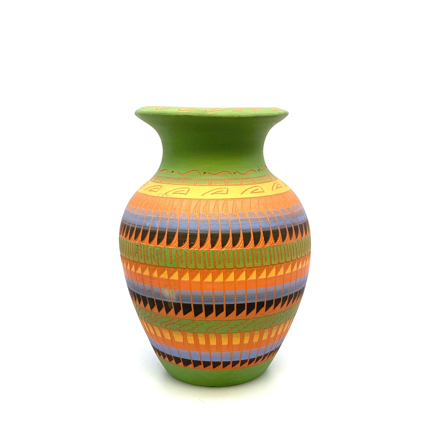 Navajo Pottery Vase Anna Tsosie Signed Terra Cotta Hand Etched 8” Orange Green