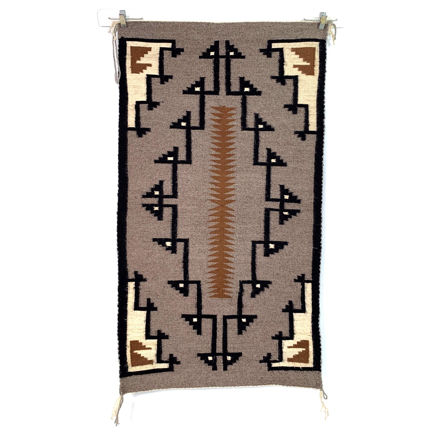 Vintage Navajo Hand-Woven Gray Brown Geometric Kilim Rug by Lena Begay 45” x 25”