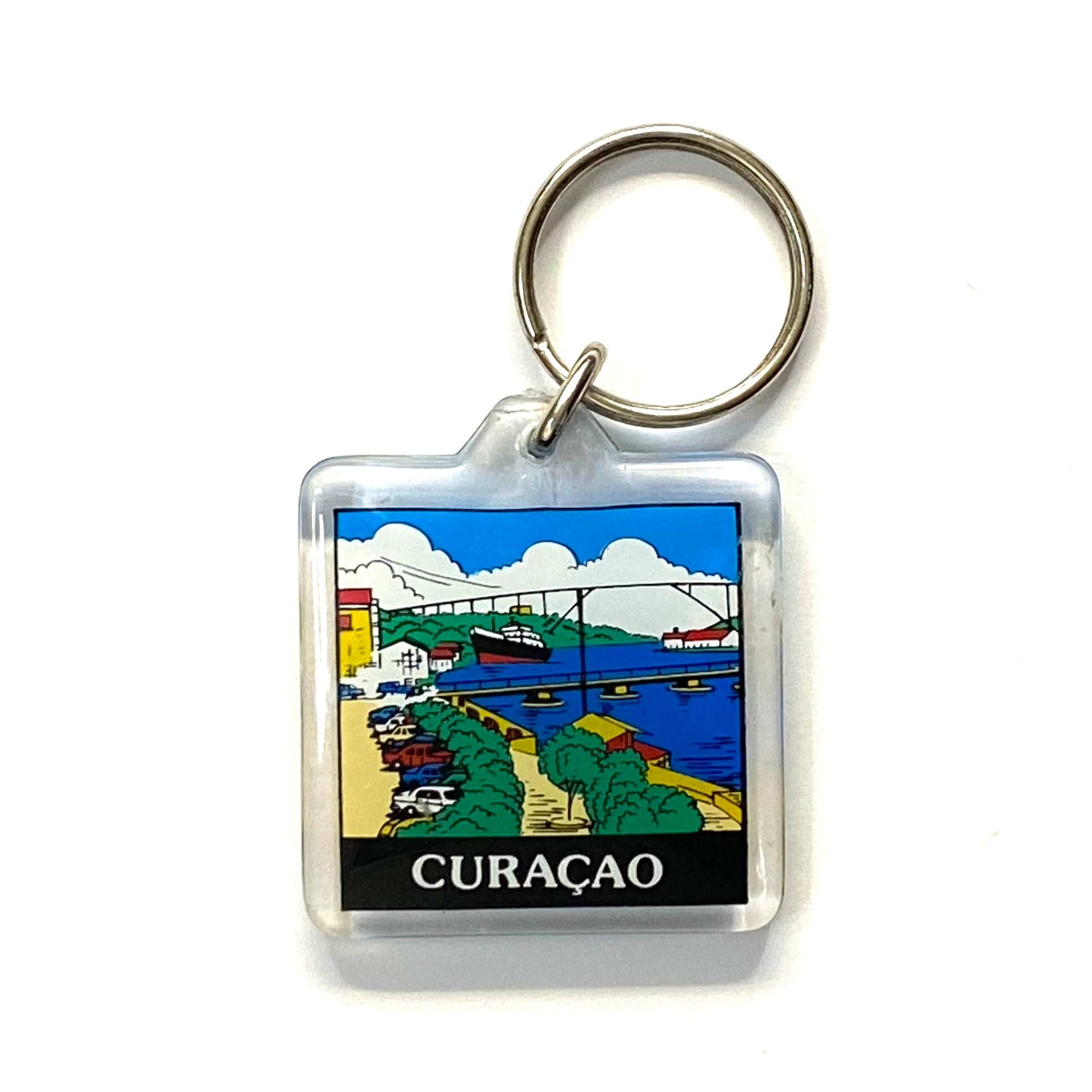 Vintage Curaçao Travel Souvenir Keychain Key Ring Square Clear Acrylic