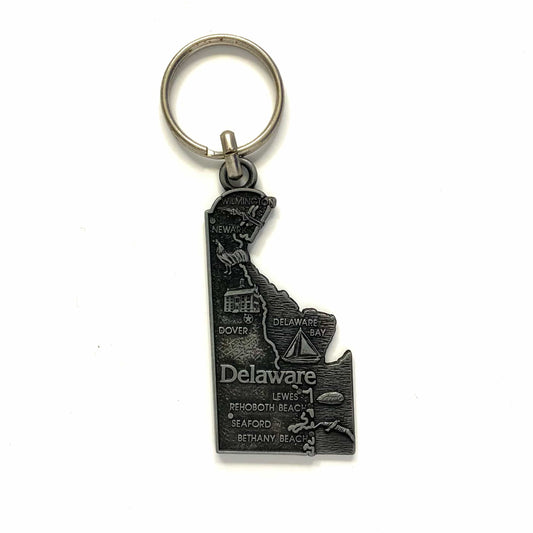 Vintage Century Delaware Map of Souvenir Keychain Key Ring Metal State Gray