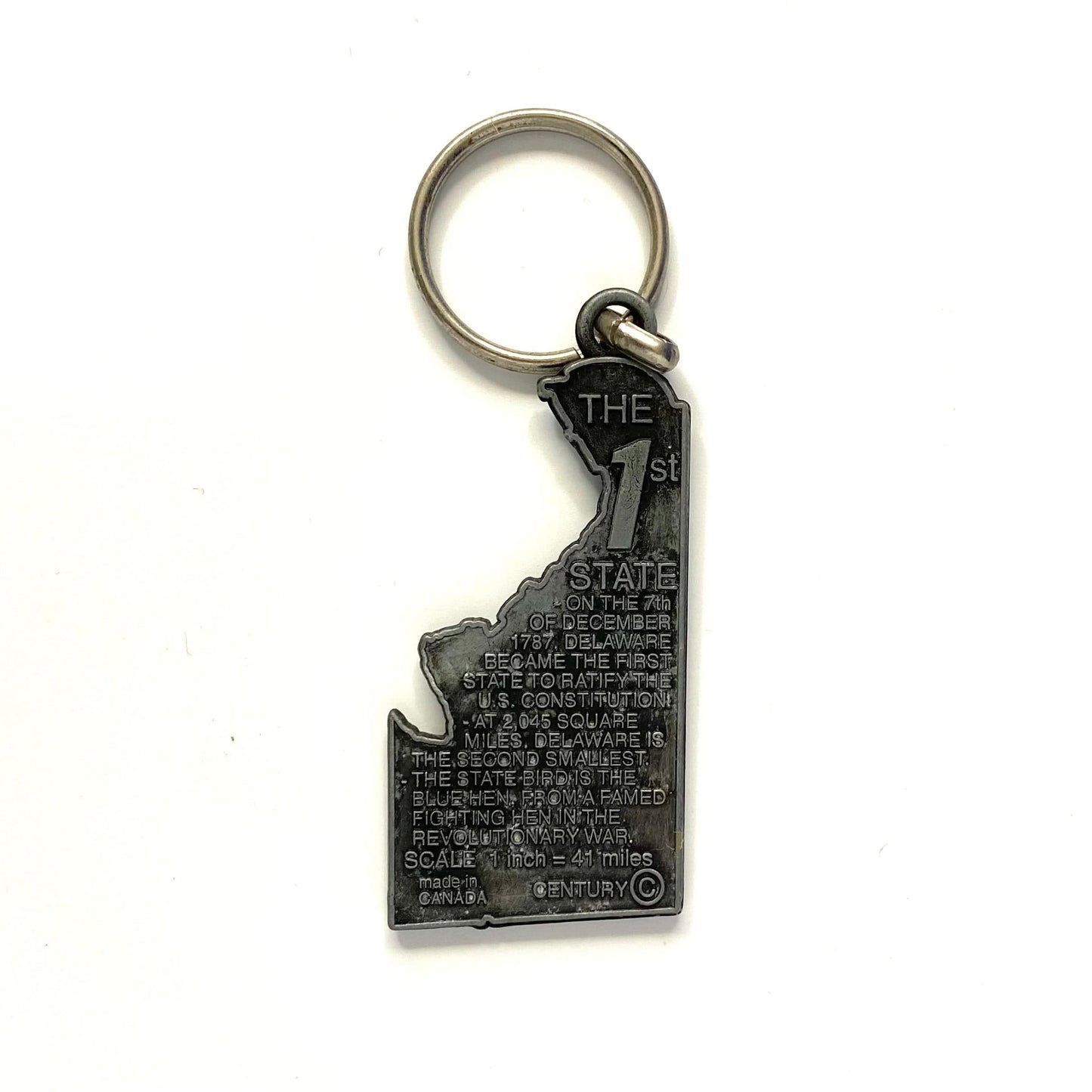Vintage Century Delaware Map of Souvenir Keychain Key Ring Metal State Gray