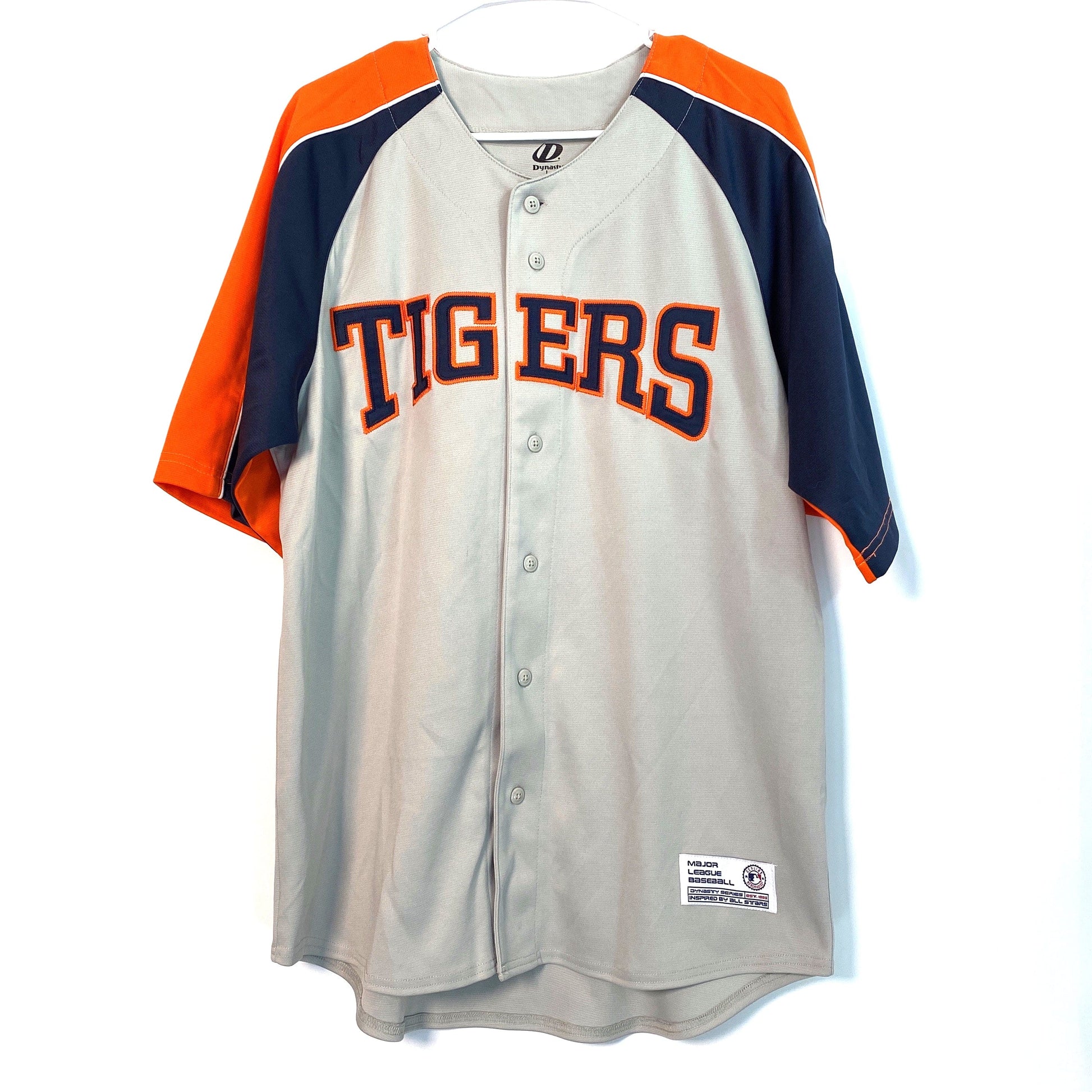 Dynasty Mens Size L Gray Blue Orange Baseball Jersey Shirt MLB Detroit Tigers S/S
