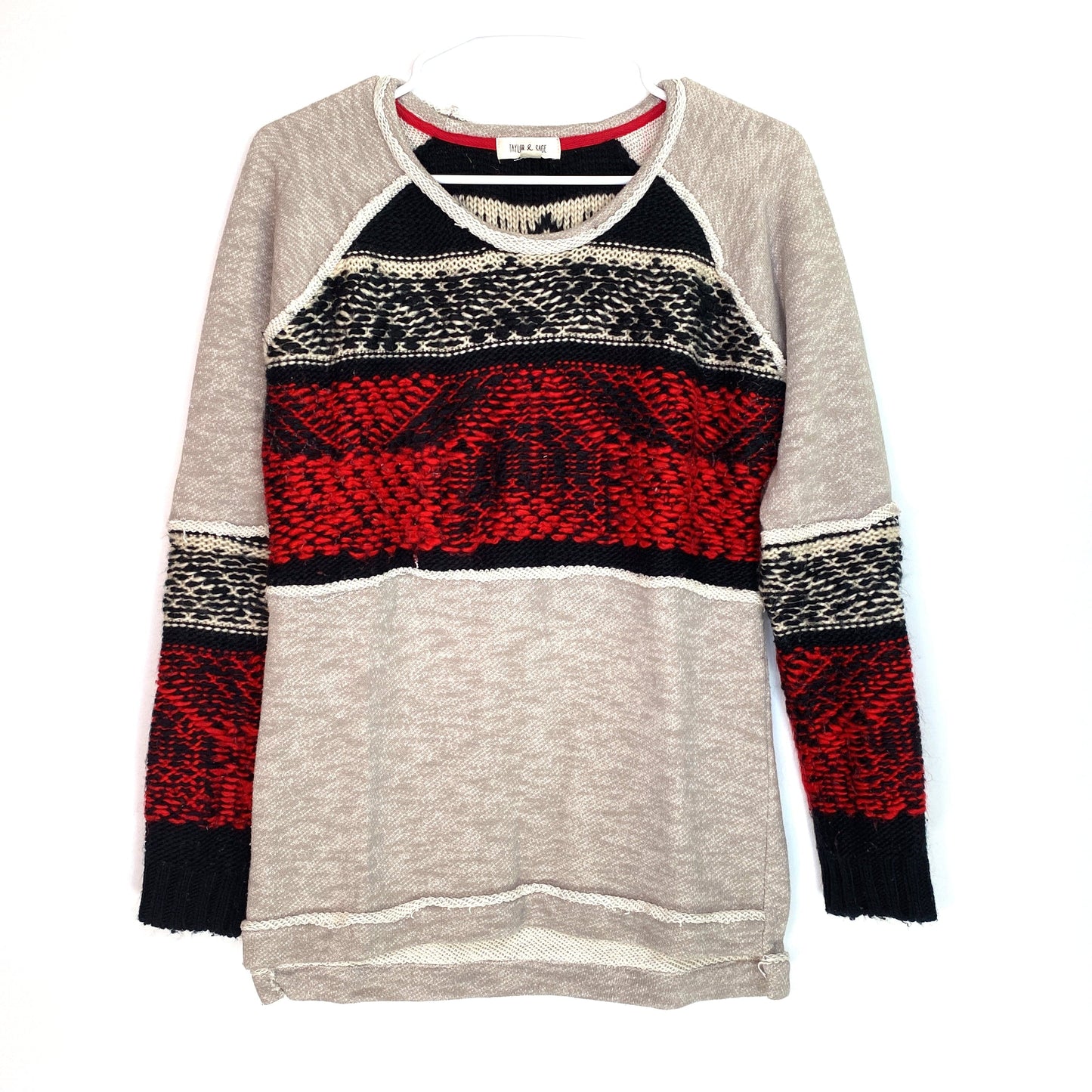 TAYLOR & SAGE Womens Size M Pullover Crochet Sweater Gray Red Black