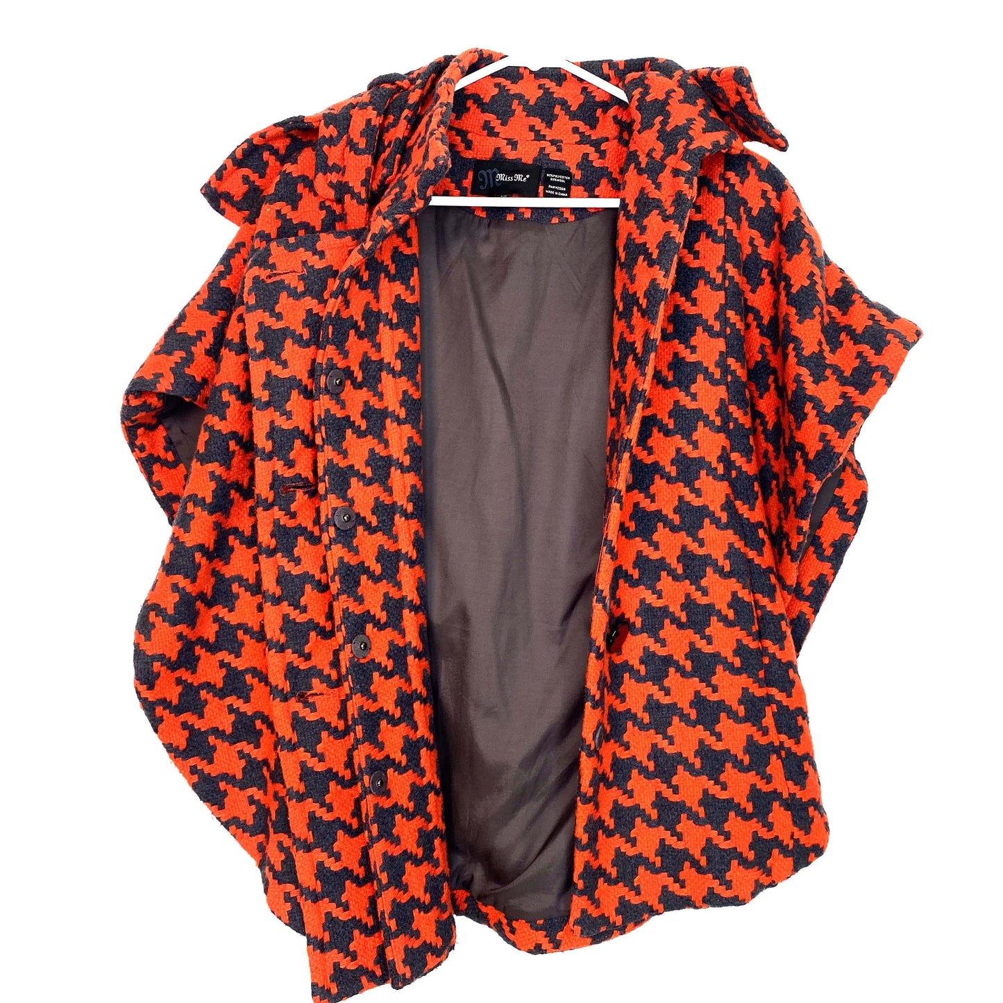 Miss Me Womens Button Up Shawl Coat, Orange / Houndstooth - Size XL