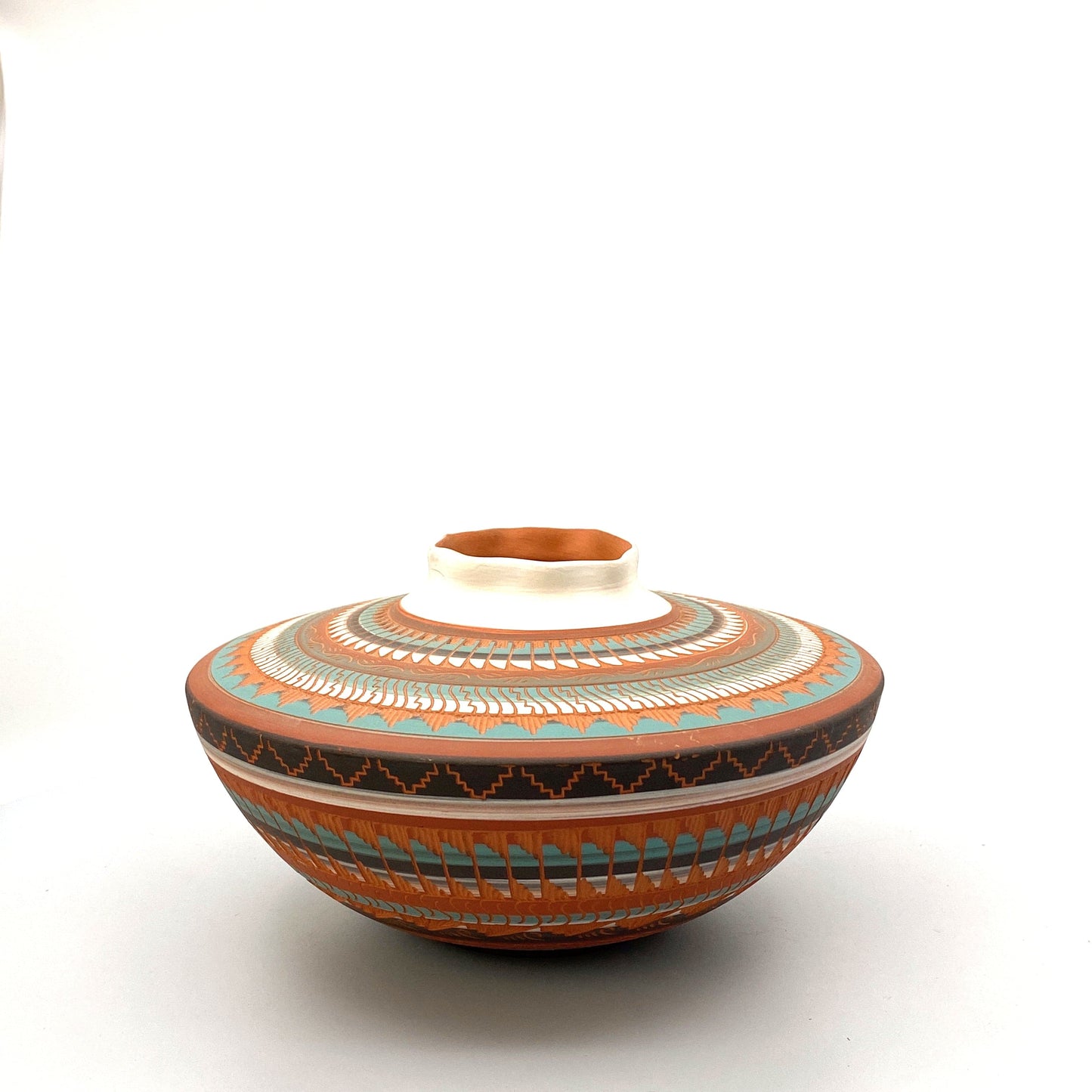 Navajo Pottery by Anna Tsosie Water Bowl Scalloped Top Terra Cotta white Orange Brown Hand Etched 7”