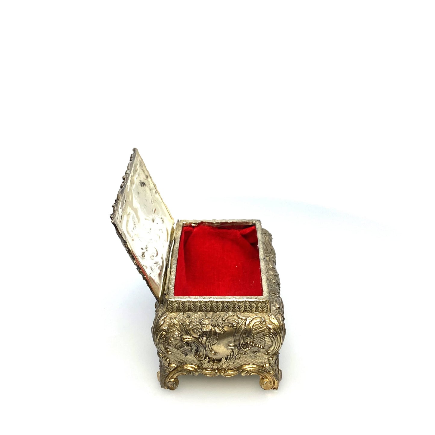 Vintage Ornate Gold Metal Casket Jewelry Box Art Floral Trinket Footed Vanity Accessory